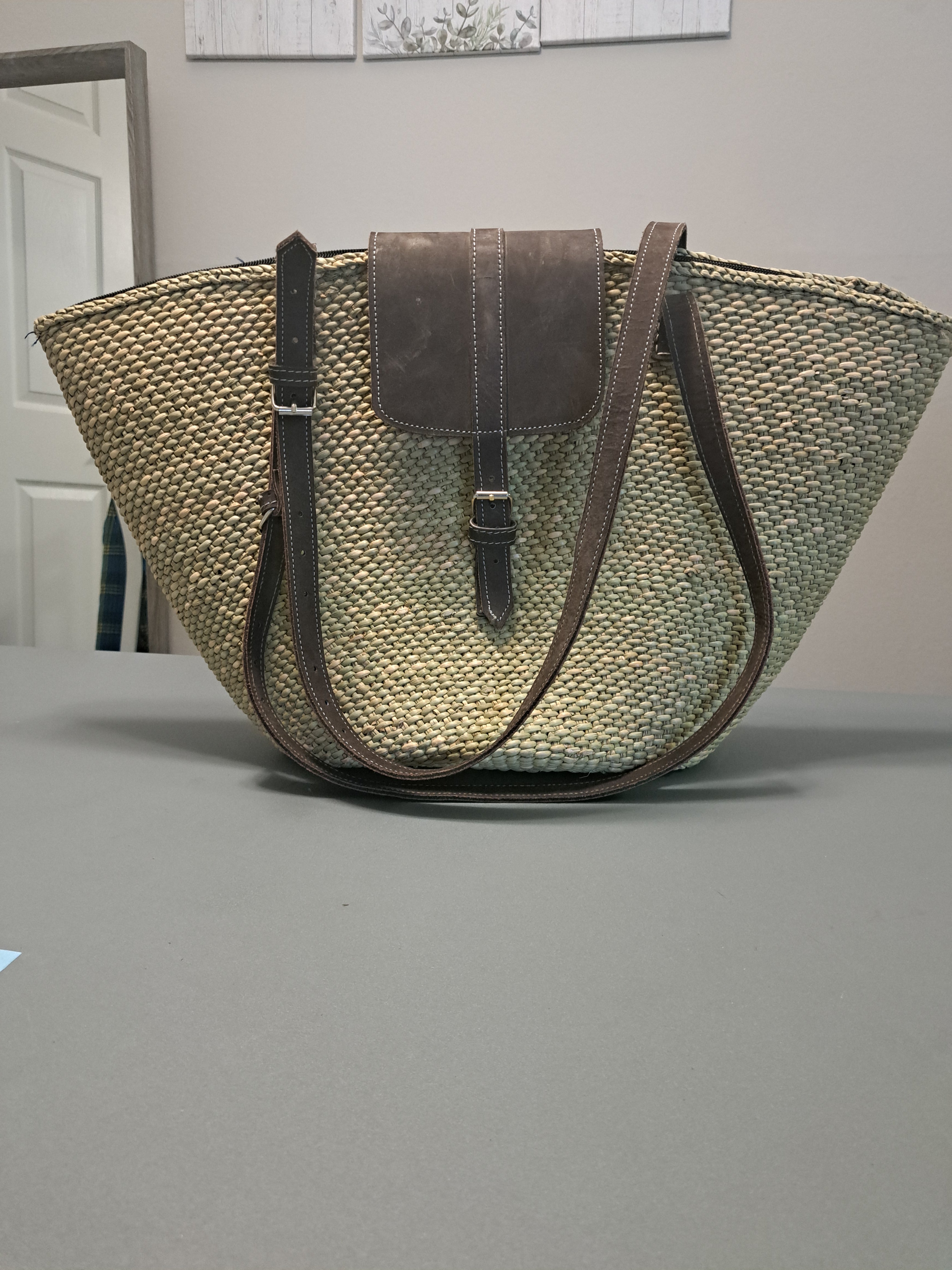 Handwoven Wicker Basket Tote Bag with Brown Leather Straps and Buckle Closure