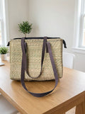 Handwoven Basket Tote Bag with Leather Handles and Zipper