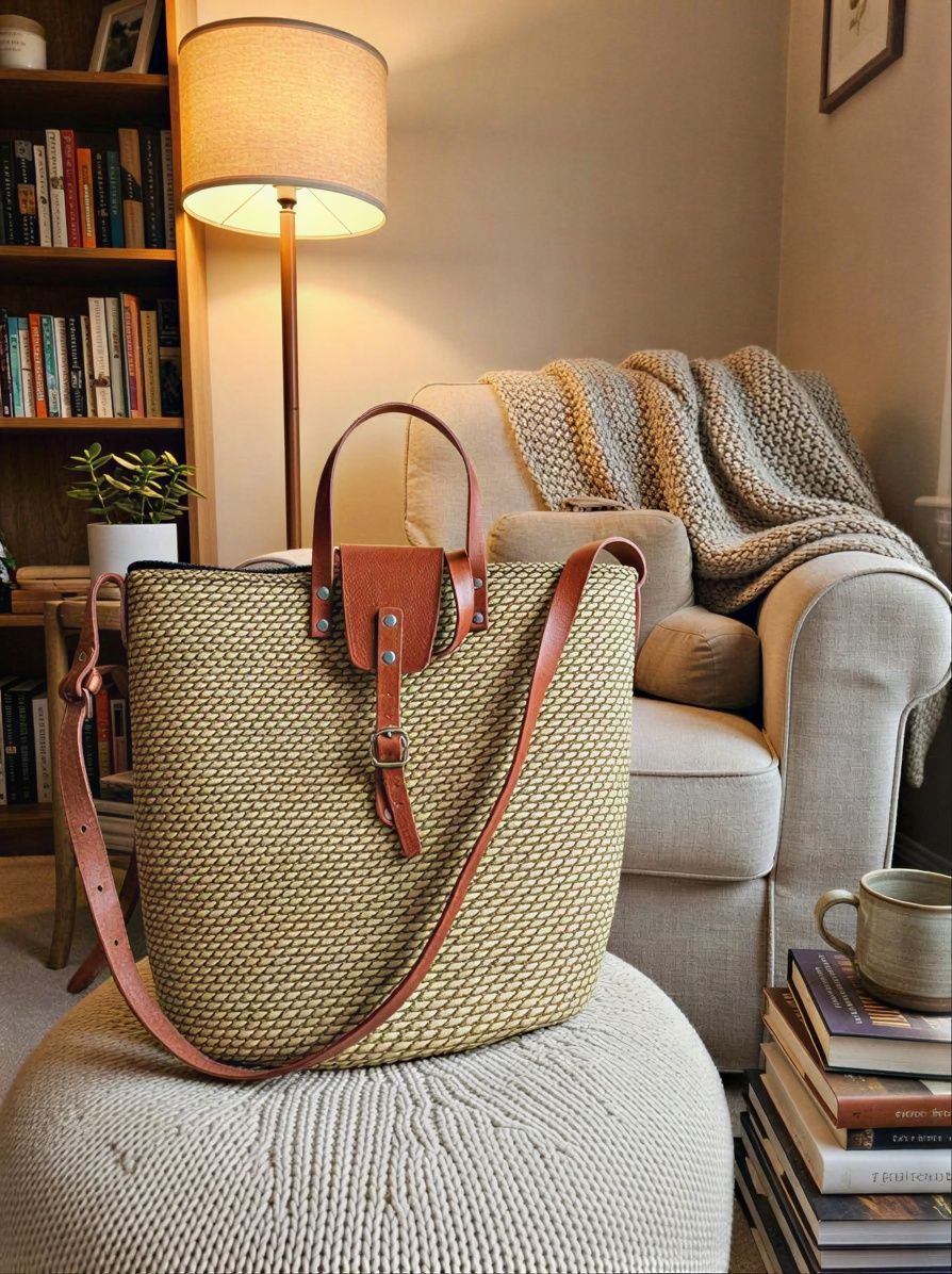 Handwoven Straw Basket Tote Bag with Leather Handles and Crossbody Strap
