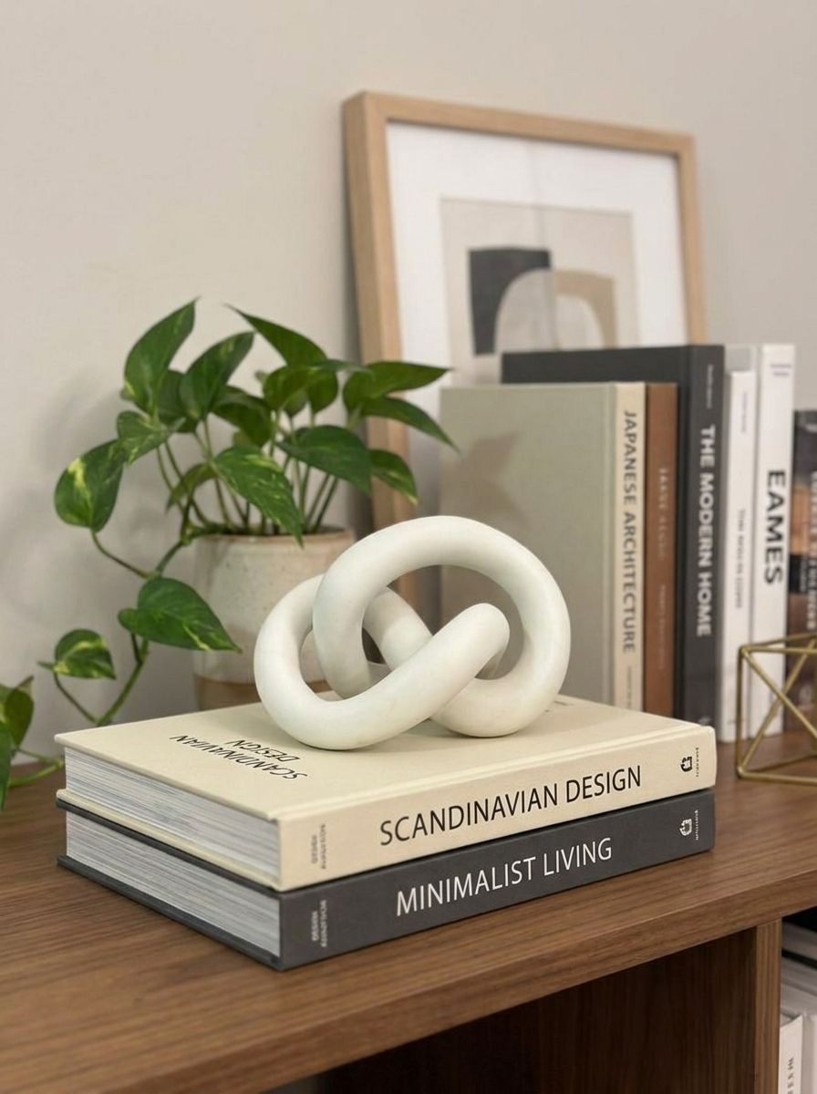 Handcrafted Soapstone Knot Sculpture, White, Abstract Decorative Desk Accent