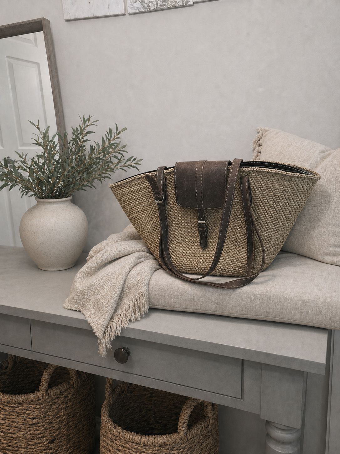 Handwoven Wicker Basket Tote Bag with Brown Leather Straps and Buckle Closure