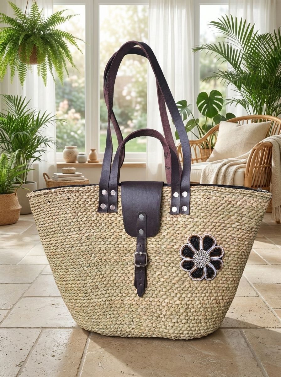 Handwoven Basket Tote Bag with Leather Handles, Beaded Flower Embellishment