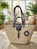 Handwoven Basket Tote Bag with Leather Handles, Beaded Flower Embellishment