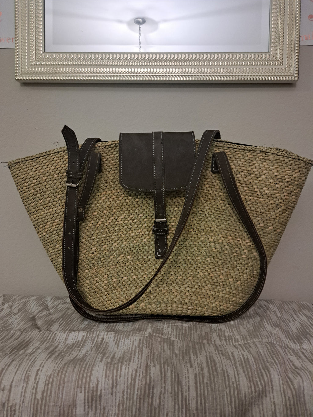 Handwoven Wicker Basket Tote Bag with Brown Leather Straps and Buckle Closure