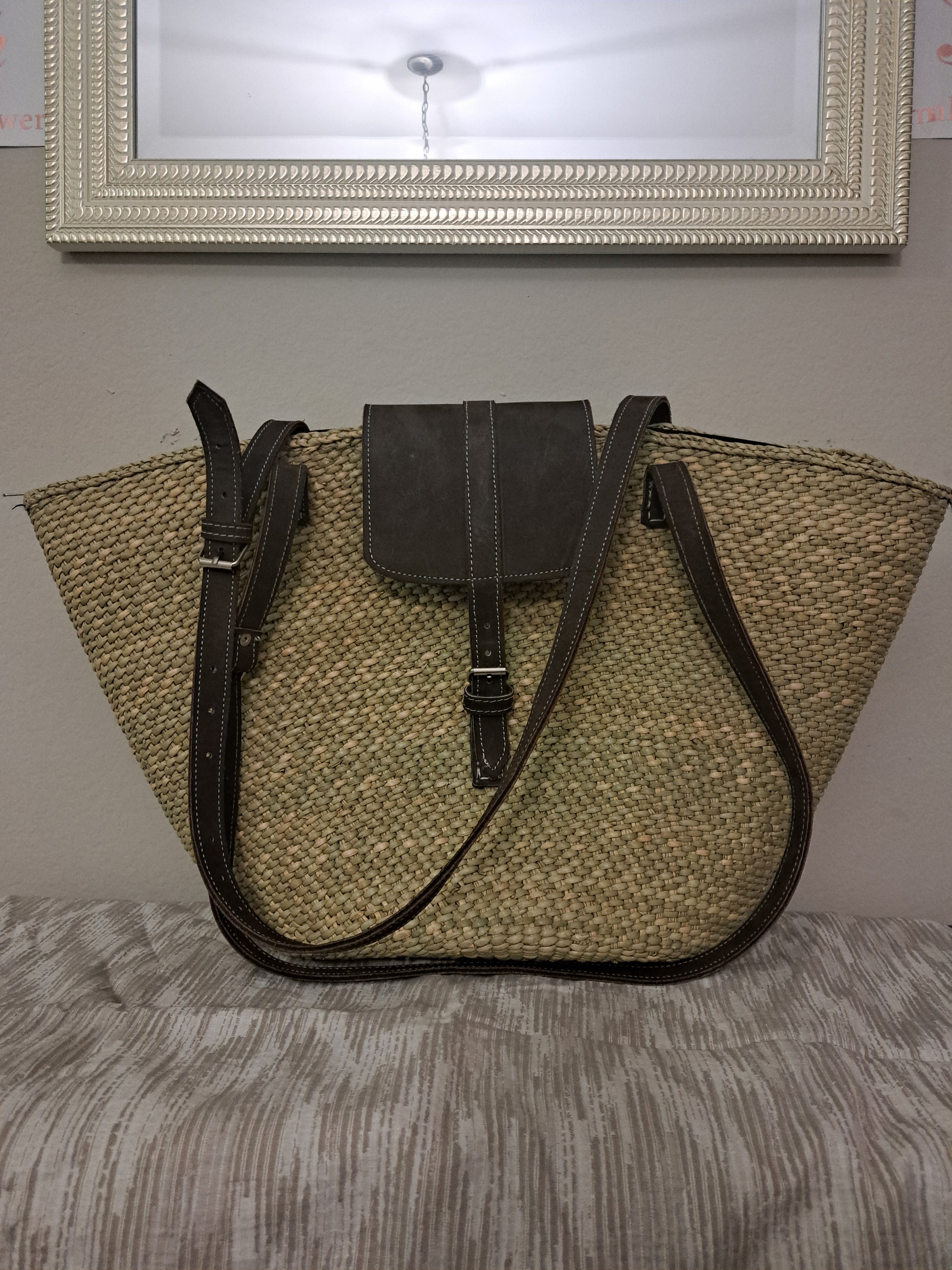 Handwoven Wicker Basket Tote Bag with Brown Leather Straps and Buckle Closure