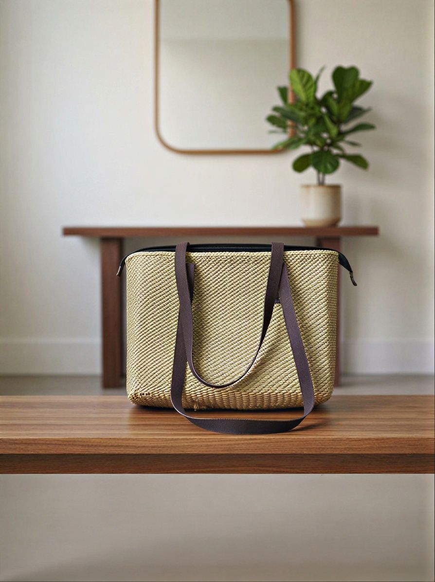 Handwoven Basket Tote Bag with Leather Handles and Zipper