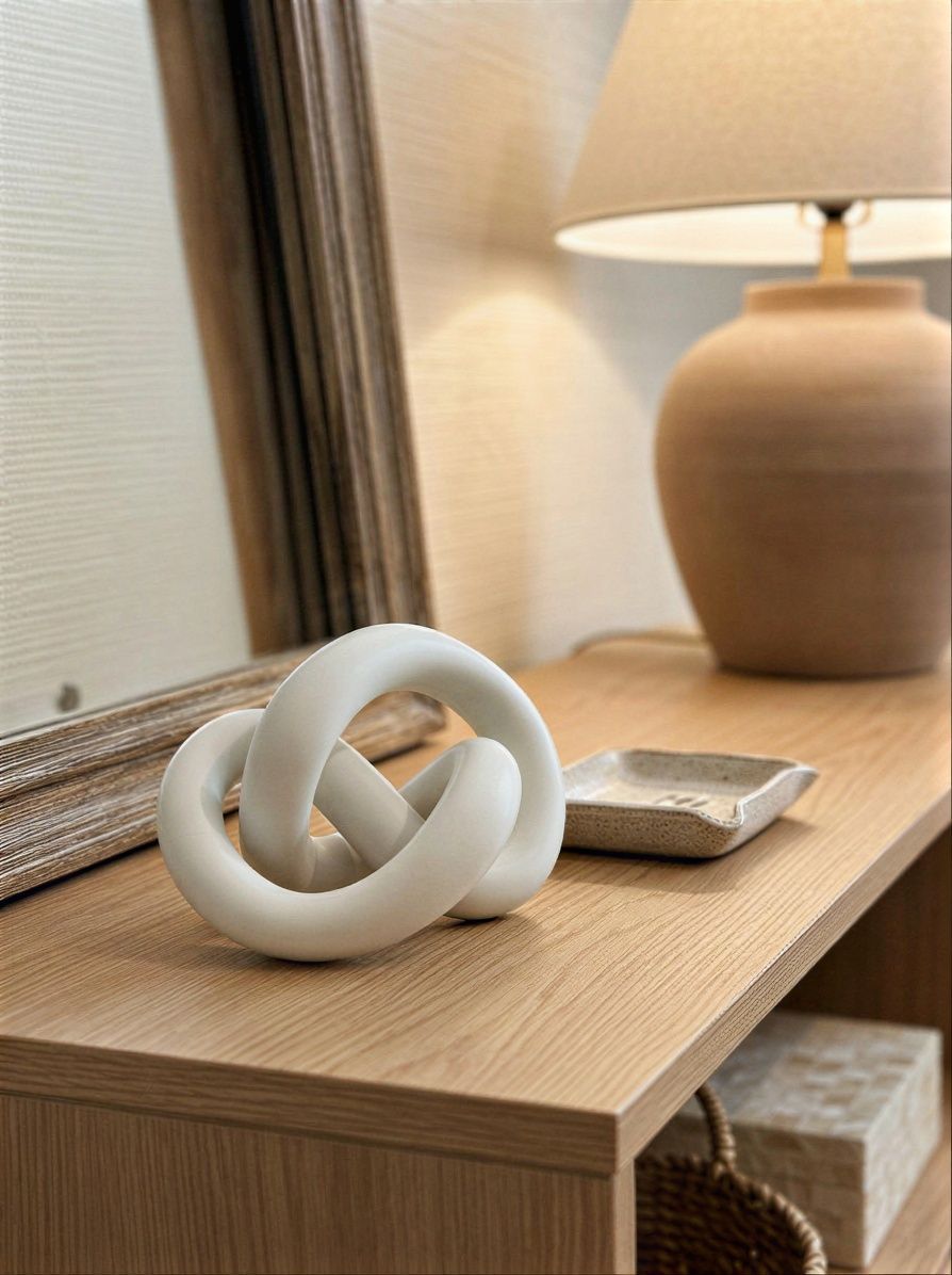 Handcrafted Soapstone Knot Sculpture, White, Abstract Decorative Desk Accent