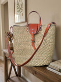 Handwoven Straw Basket Tote Bag with Leather Handles and Crossbody Strap