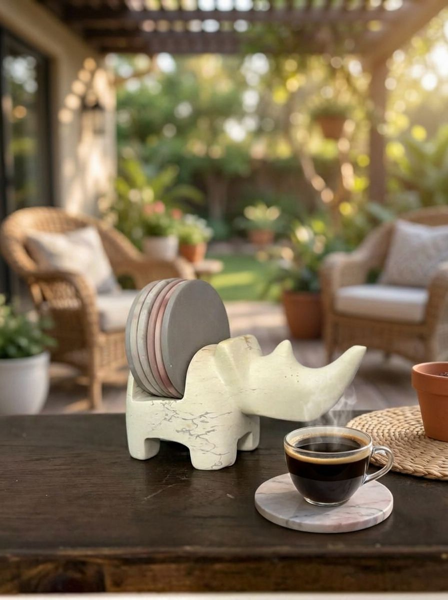 Rhino Shaped Coaster Holder with 6 Round Coasters