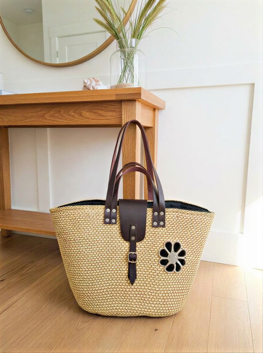 Handwoven Basket Tote Bag with Leather Handles, Beaded Flower Embellishment