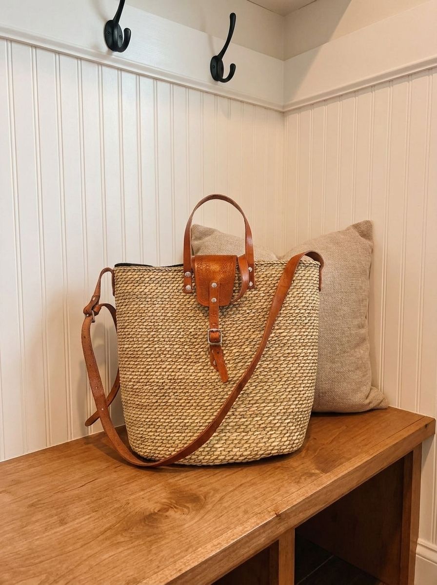 Handwoven Straw Basket Tote Bag with Leather Handles and Crossbody Strap