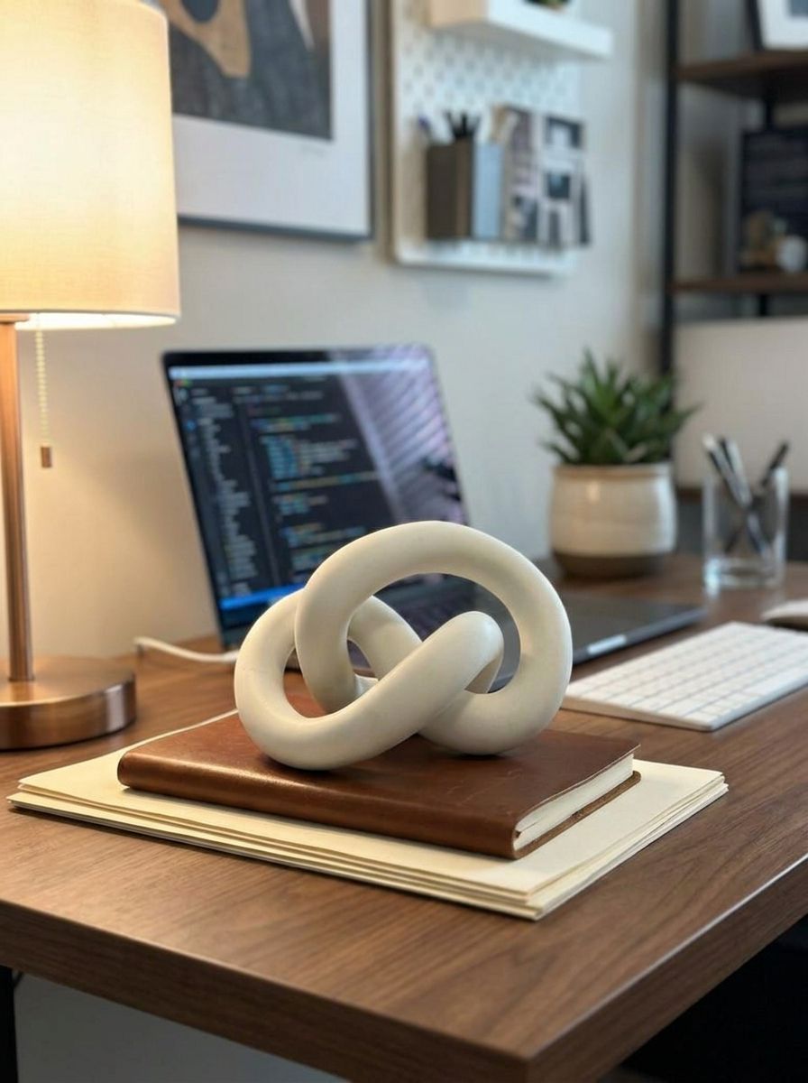 Handcrafted Soapstone Knot Sculpture, White, Abstract Decorative Desk Accent