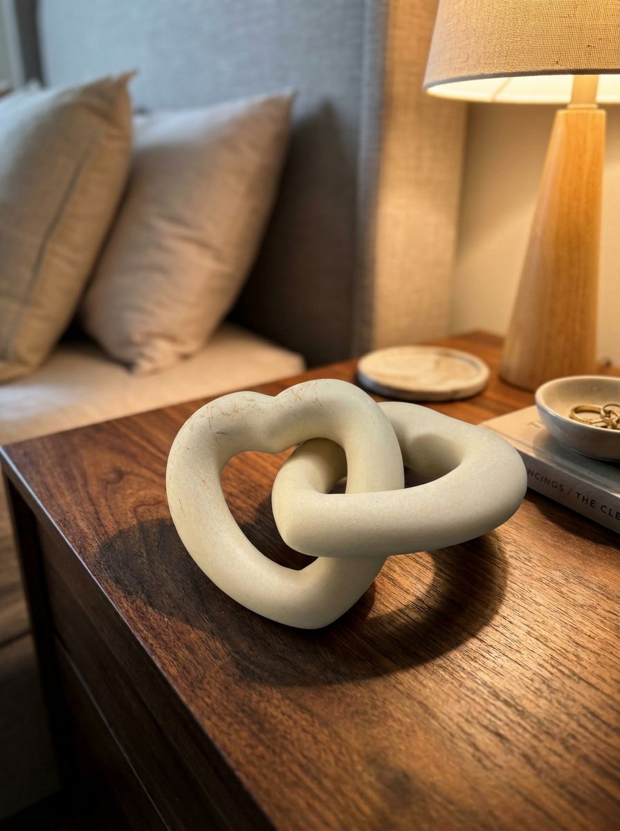 Handcrafted Soapstone Chain-Heart Sculpture, Cream, Abstract Home Decor Accent