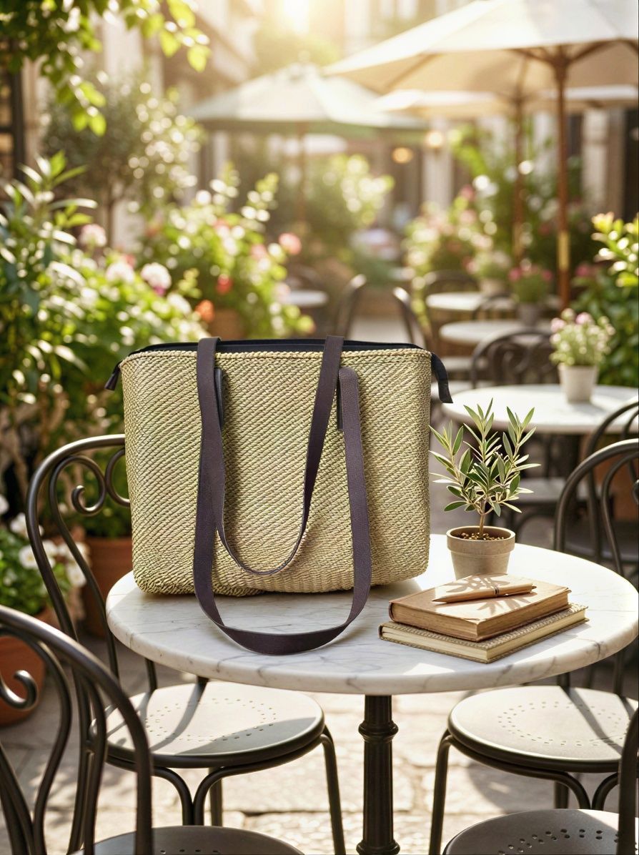 Handwoven Basket Tote Bag with Leather Handles and Zipper
