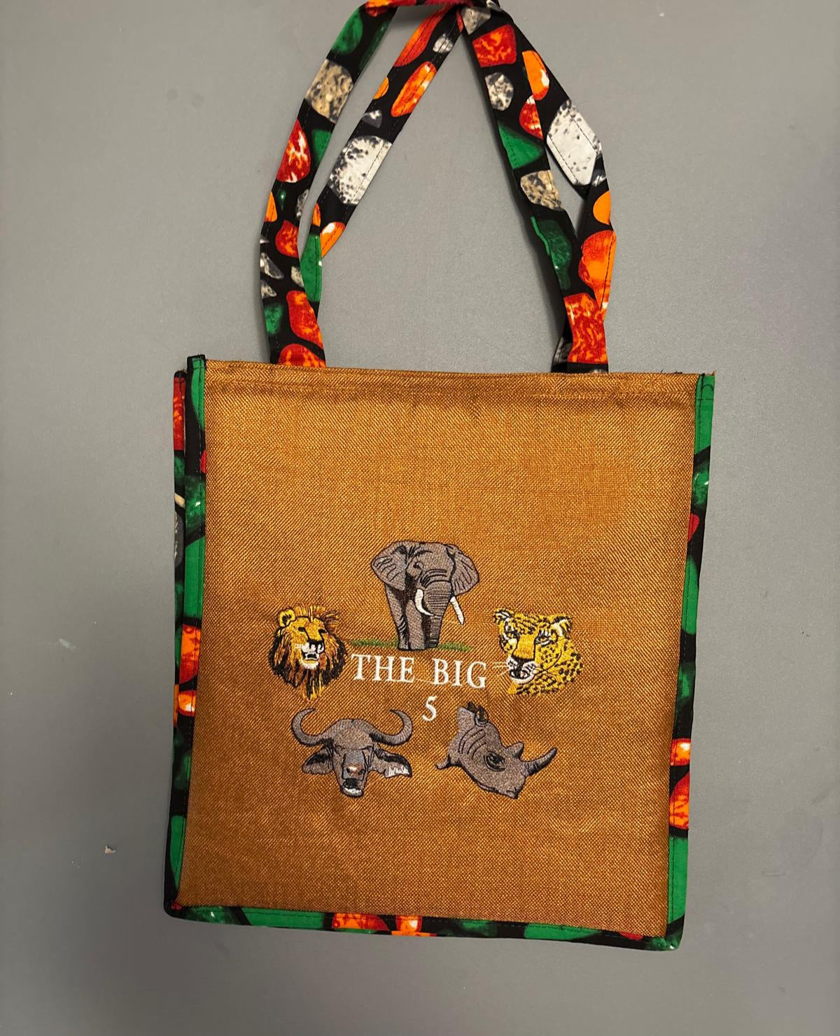 African Safari Tote Bag, The Big 5 Embroidered Design, Jute with Ankara Print Handles