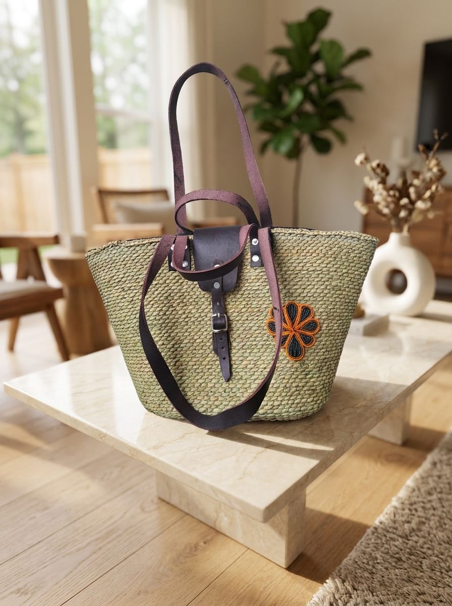 Handwoven Basket Tote Bag with Leather Handles, Beaded Flower Embellishment