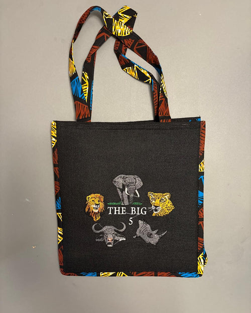 African Safari Tote Bag, The Big 5 Embroidered Design, Jute with Ankara Print Handles